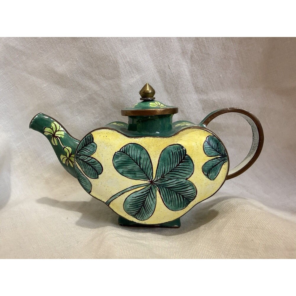 RARE Kelvin Chen Enamel Irish Gardens Mini Teapot w/ Lid, Green Yellow Brown